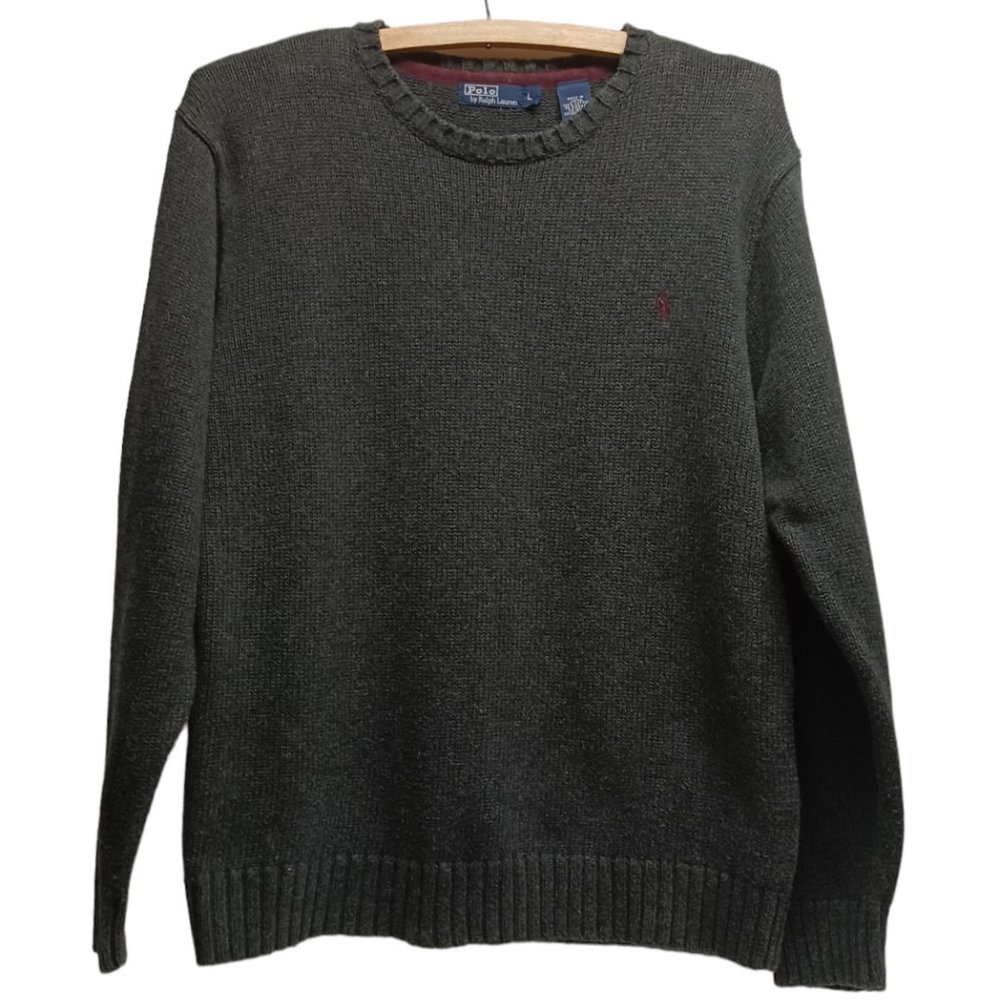 RALPH LAUREN HEAVY COTTON CREWNECK SWEATER, GRAY, SIZE LARGE